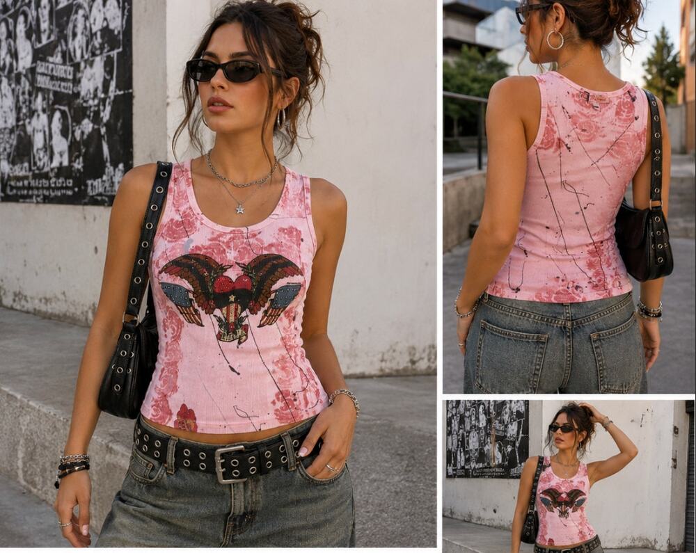 Y2K Bejeweled Pink Eagle Graphic Ribbed Tank Top Fairy Grunge Women’s Large